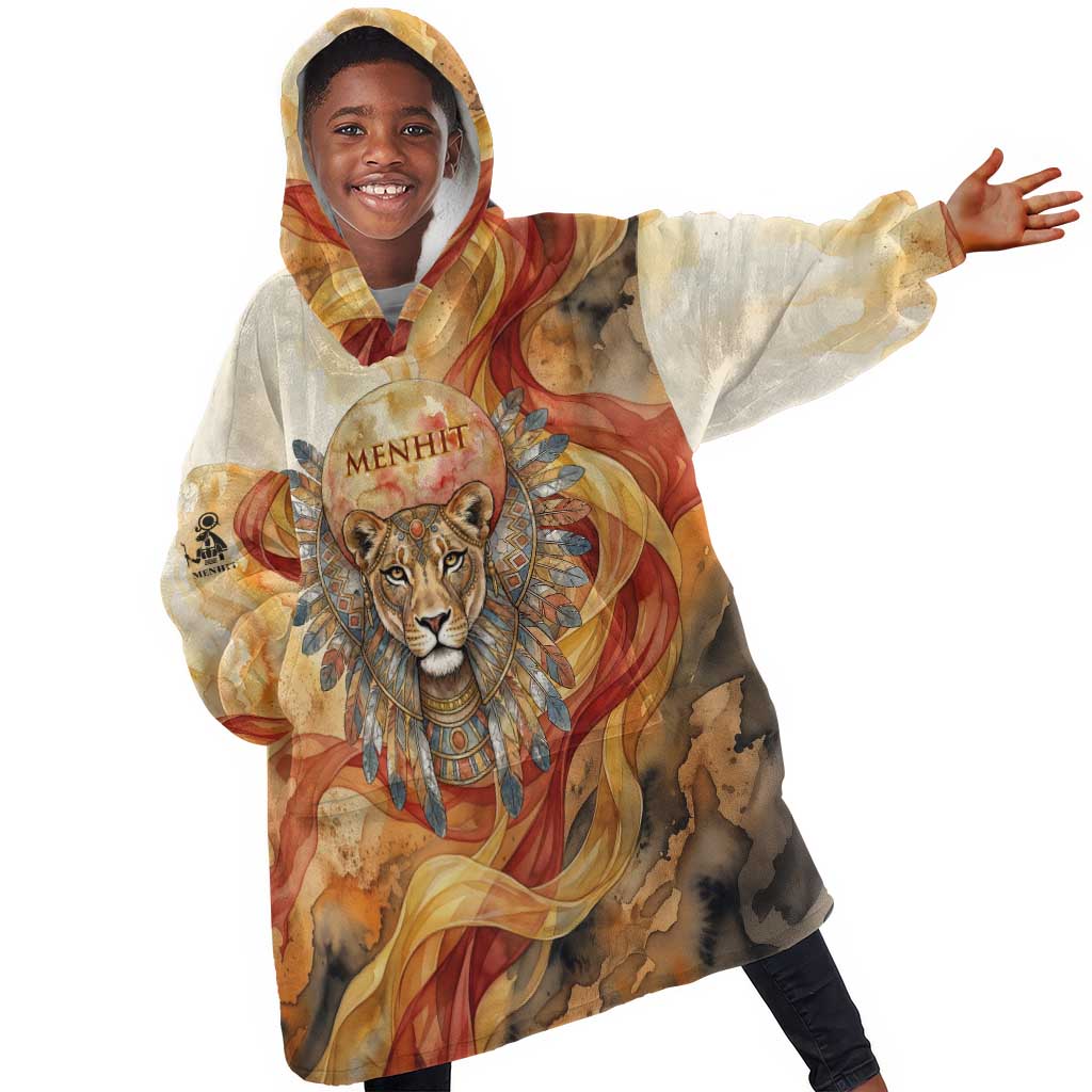 Menhit Kid Wearable Blanket Hoodie Lioness Warrior Goddess Uraeus Serpent Fire and Feathers Ancient Egyptian