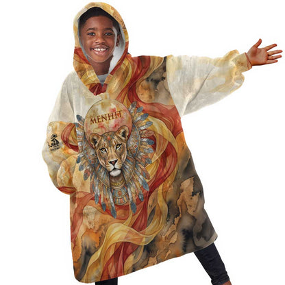 Menhit Kid Wearable Blanket Hoodie Lioness Warrior Goddess Uraeus Serpent Fire and Feathers Ancient Egyptian