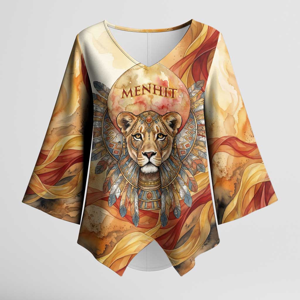 Menhit Kimono Sleeve Blouse Lioness Warrior Goddess Uraeus Serpent Fire and Feathers Ancient Egyptian