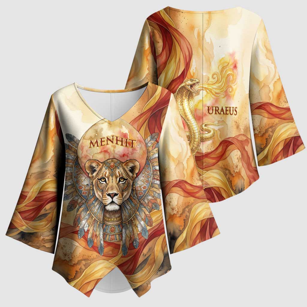 Menhit Kimono Sleeve Blouse Lioness Warrior Goddess Uraeus Serpent Fire and Feathers Ancient Egyptian