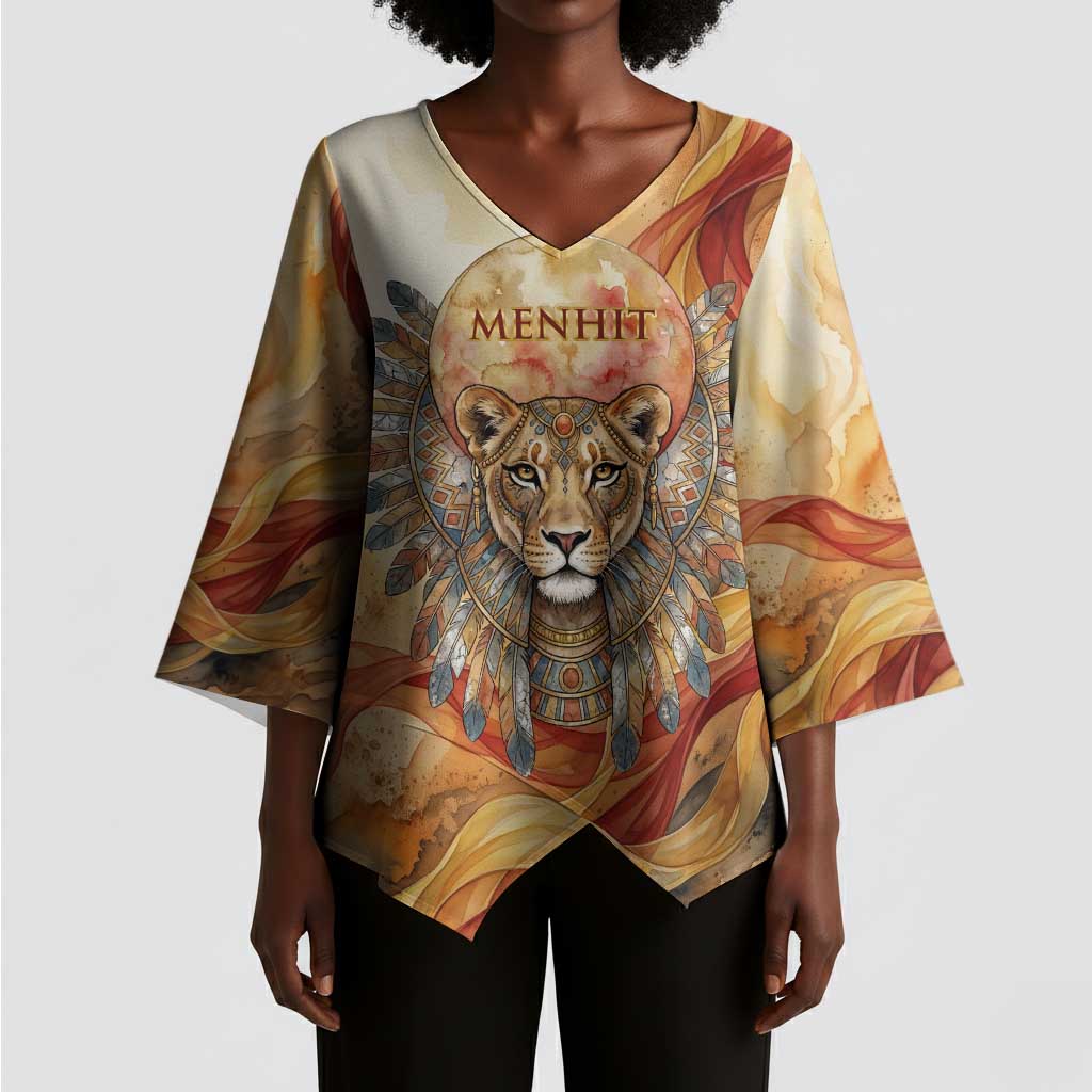 Menhit Kimono Sleeve Blouse Lioness Warrior Goddess Uraeus Serpent Fire and Feathers Ancient Egyptian