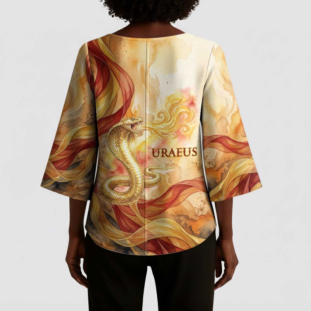 Menhit Kimono Sleeve Blouse Lioness Warrior Goddess Uraeus Serpent Fire and Feathers Ancient Egyptian