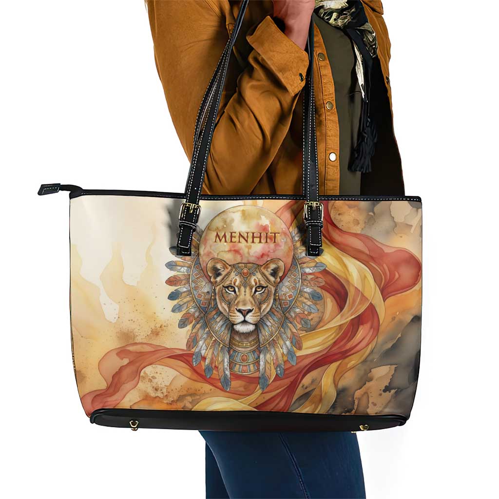 Menhit Leather Tote Bag Lioness Warrior Goddess Uraeus Serpent Fire and Feathers Ancient Egyptian