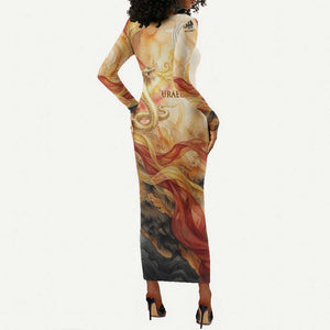Menhit Long Sleeve Bodycon Dress Lioness Warrior Goddess Uraeus Serpent Fire and Feathers Ancient Egyptian