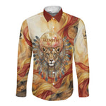Menhit Long Sleeve Button Shirt Lioness Warrior Goddess Uraeus Serpent Fire and Feathers Ancient Egyptian