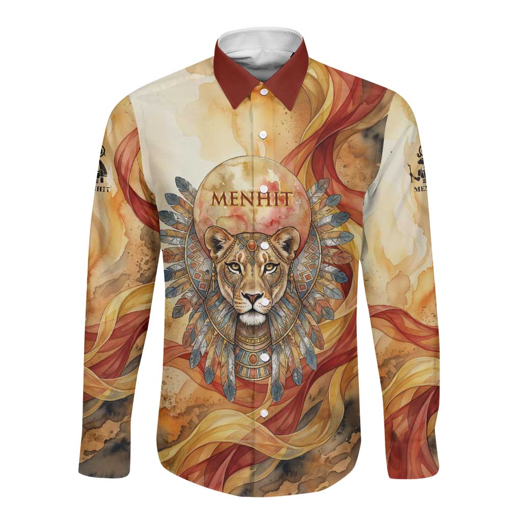 Menhit Long Sleeve Button Shirt Lioness Warrior Goddess Uraeus Serpent Fire and Feathers Ancient Egyptian