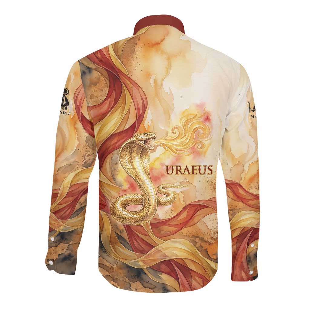Menhit Long Sleeve Button Shirt Lioness Warrior Goddess Uraeus Serpent Fire and Feathers Ancient Egyptian