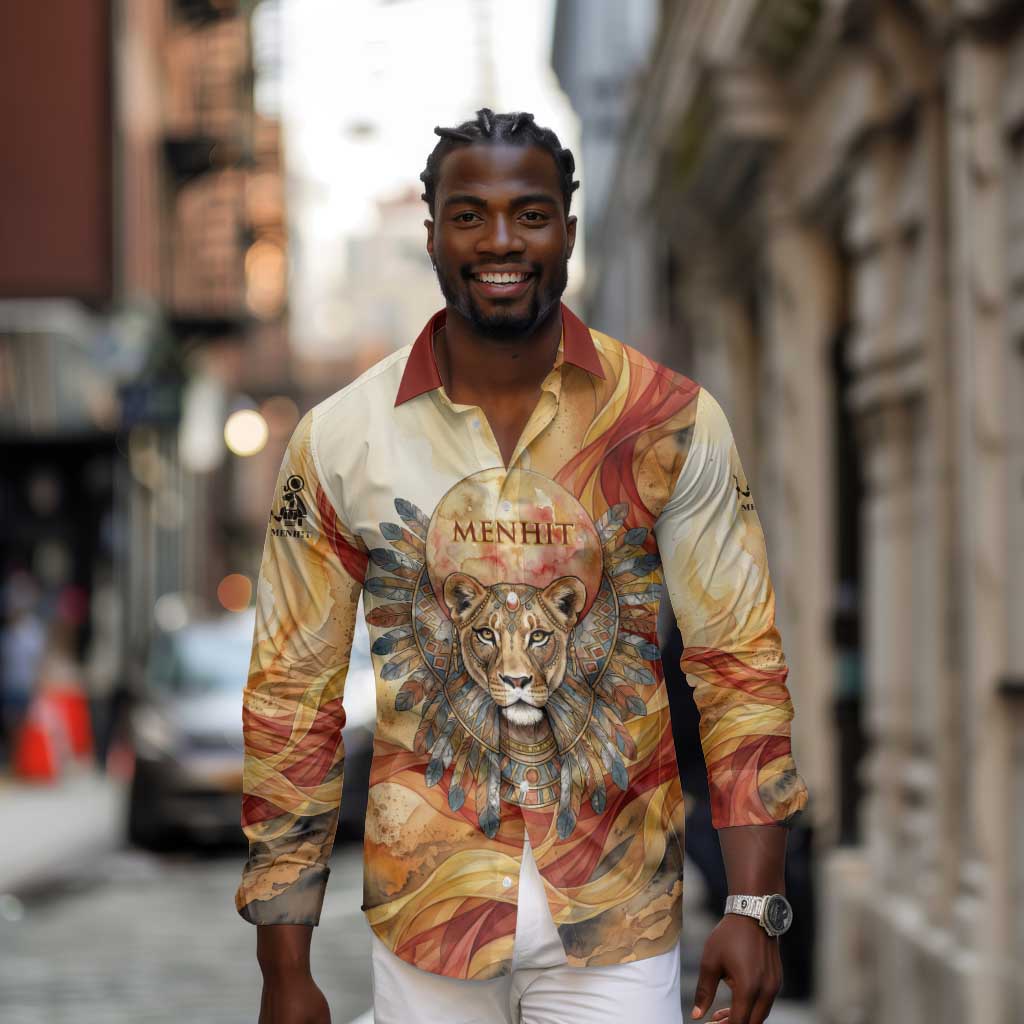 Menhit Long Sleeve Button Shirt Lioness Warrior Goddess Uraeus Serpent Fire and Feathers Ancient Egyptian