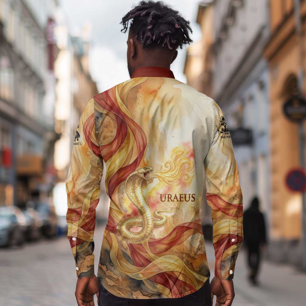 Menhit Long Sleeve Button Shirt Lioness Warrior Goddess Uraeus Serpent Fire and Feathers Ancient Egyptian