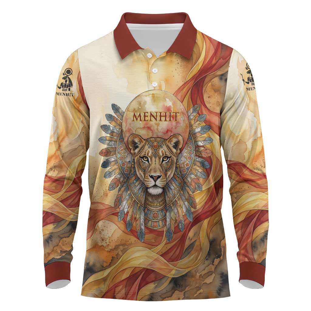Menhit Long Sleeve Polo Shirt Lioness Warrior Goddess Uraeus Serpent Fire and Feathers Ancient Egyptian