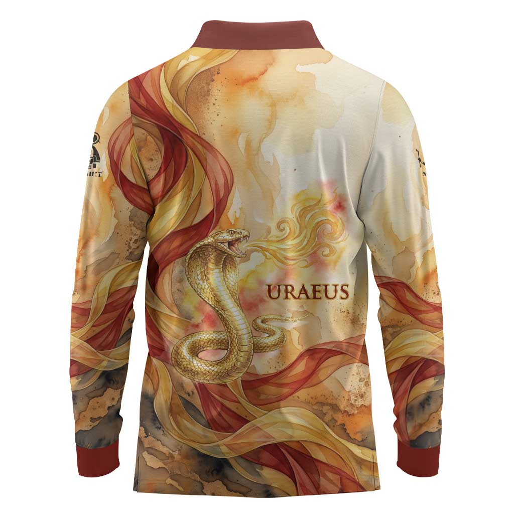Menhit Long Sleeve Polo Shirt Lioness Warrior Goddess Uraeus Serpent Fire and Feathers Ancient Egyptian