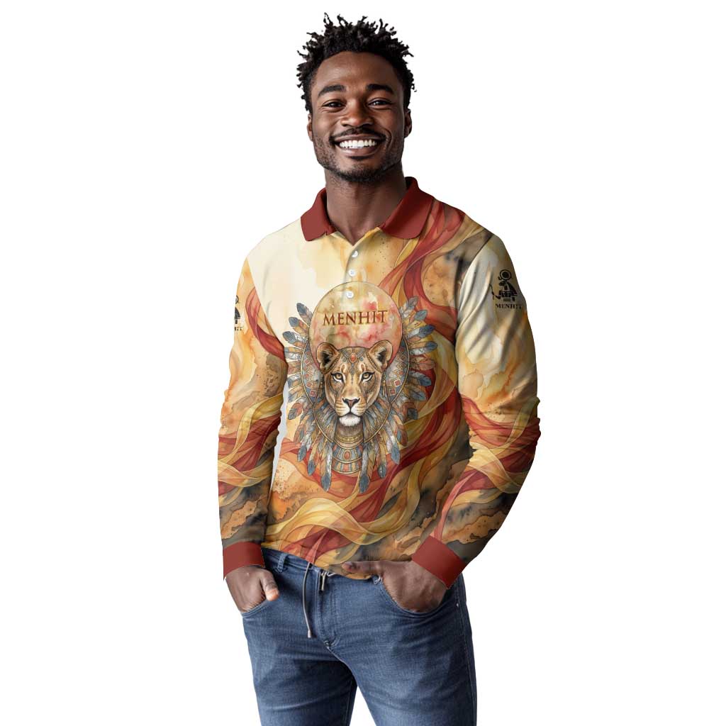 Menhit Long Sleeve Polo Shirt Lioness Warrior Goddess Uraeus Serpent Fire and Feathers Ancient Egyptian