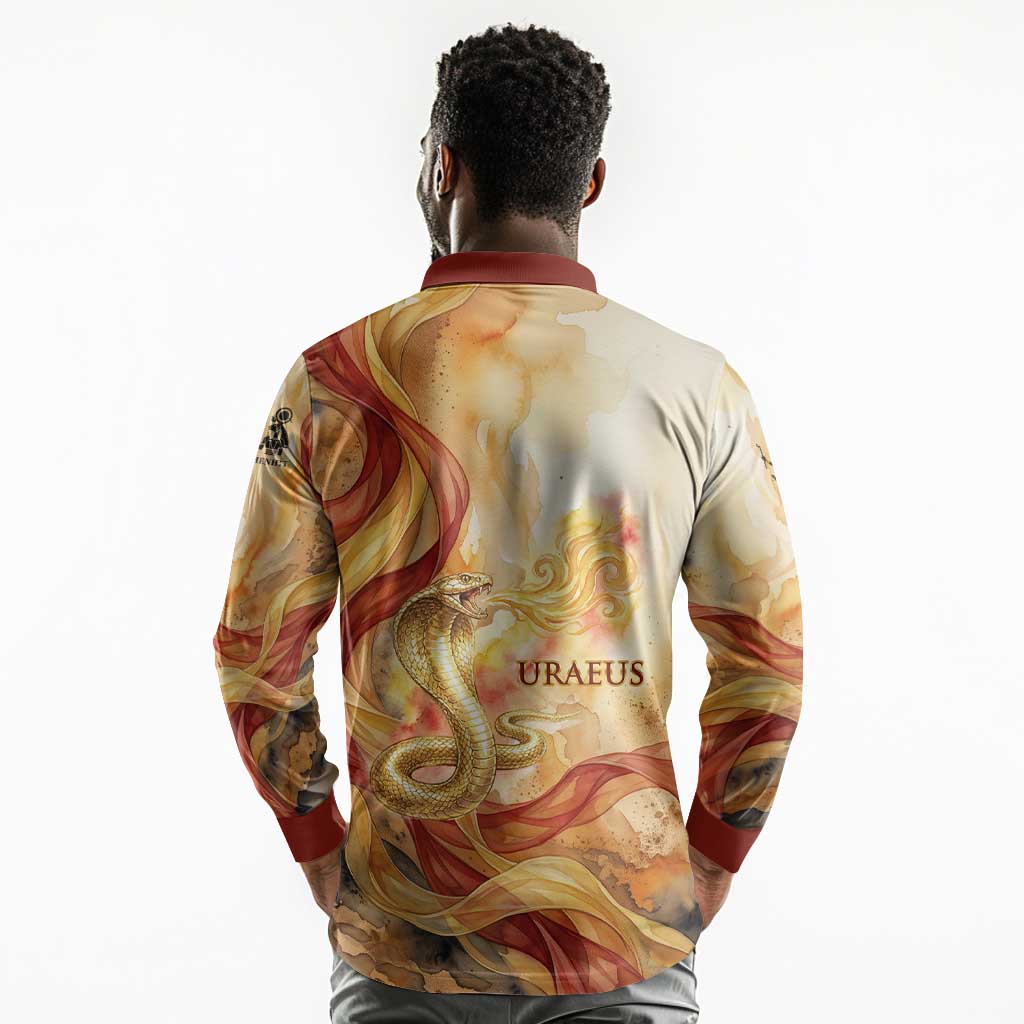 Menhit Long Sleeve Polo Shirt Lioness Warrior Goddess Uraeus Serpent Fire and Feathers Ancient Egyptian