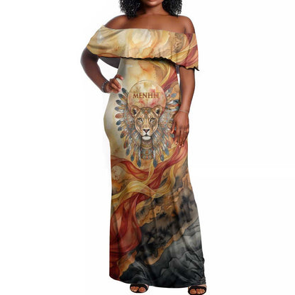 Menhit Off Shoulder Maxi Dress Lioness Warrior Goddess Uraeus Serpent Fire and Feathers Ancient Egyptian