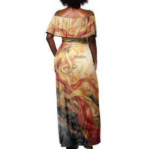Menhit Off Shoulder Maxi Dress Lioness Warrior Goddess Uraeus Serpent Fire and Feathers Ancient Egyptian