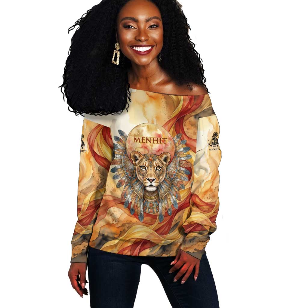 Menhit Off Shoulder Sweater Lioness Warrior Goddess Uraeus Serpent Fire and Feathers Ancient Egyptian