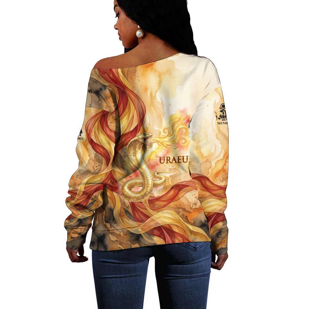 Menhit Off Shoulder Sweater Lioness Warrior Goddess Uraeus Serpent Fire and Feathers Ancient Egyptian