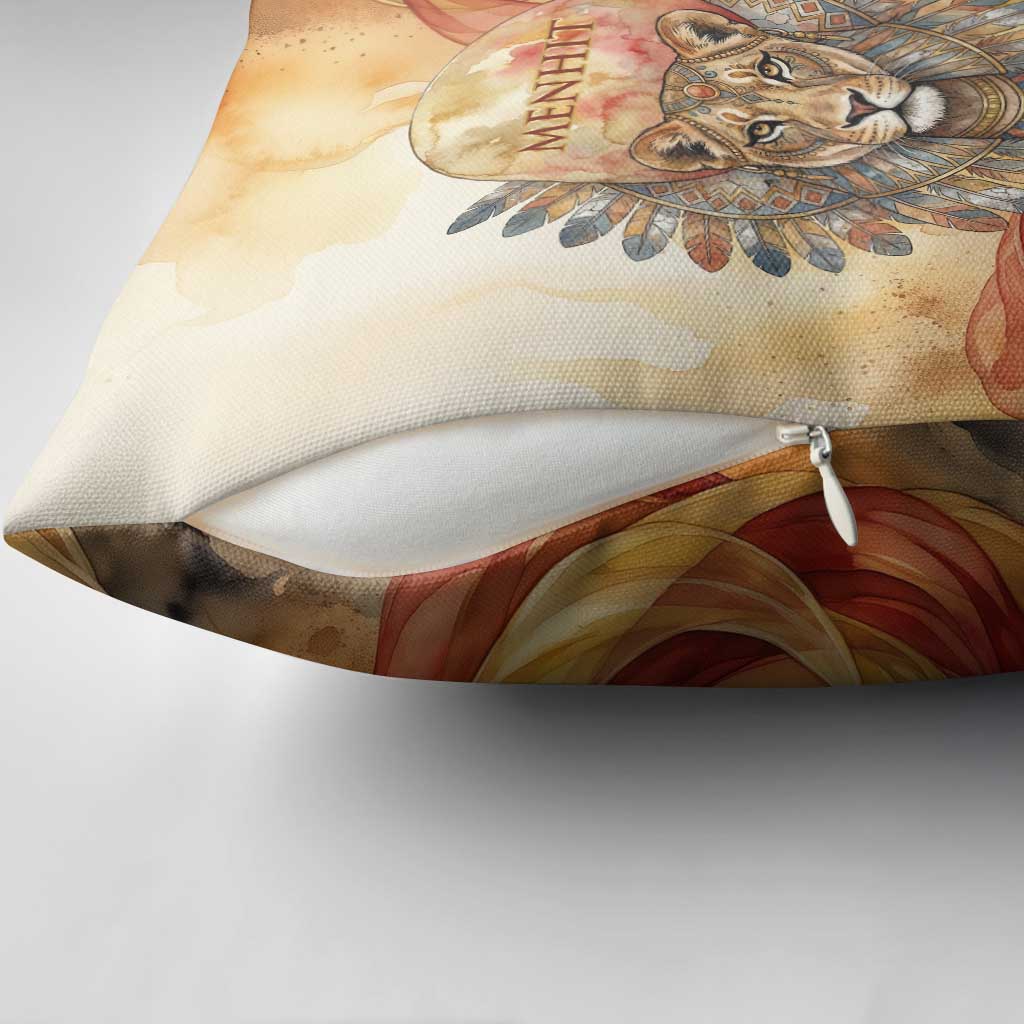 Menhit Pillow Cover Lioness Warrior Goddess Uraeus Serpent Fire and Feathers Ancient Egyptian