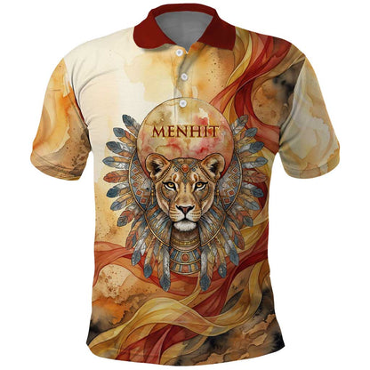 Menhit Polo Shirt Lioness Warrior Goddess Uraeus Serpent Fire and Feathers Ancient Egyptian