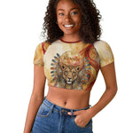 Menhit Raglan Cropped T shirt Lioness Warrior Goddess Uraeus Serpent Fire and Feathers Ancient Egyptian
