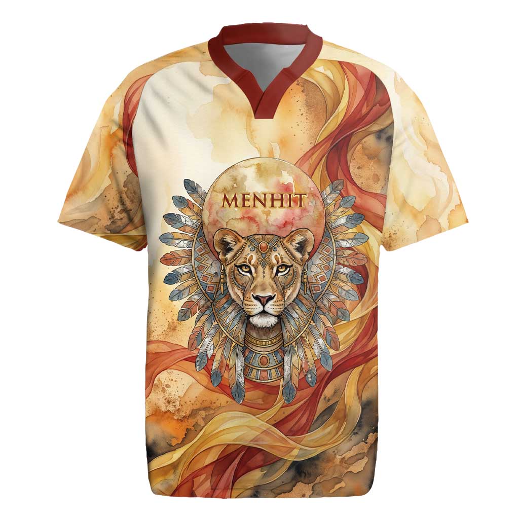 Menhit Rugby Jersey Lioness Warrior Goddess Uraeus Serpent Fire and Feathers Ancient Egyptian