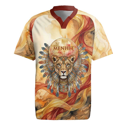 Menhit Rugby Jersey Lioness Warrior Goddess Uraeus Serpent Fire and Feathers Ancient Egyptian