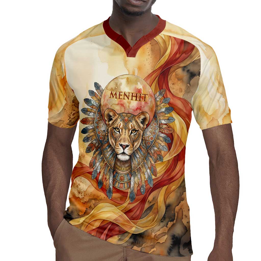 Menhit Rugby Jersey Lioness Warrior Goddess Uraeus Serpent Fire and Feathers Ancient Egyptian