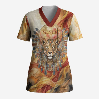 Menhit Scrub Top Lioness Warrior Goddess Uraeus Serpent Fire and Feathers Ancient Egyptian