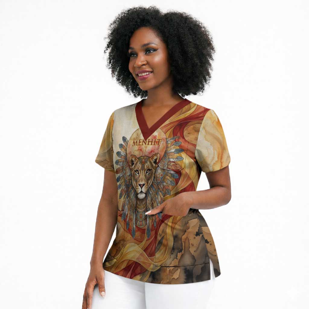 Menhit Scrub Top Lioness Warrior Goddess Uraeus Serpent Fire and Feathers Ancient Egyptian