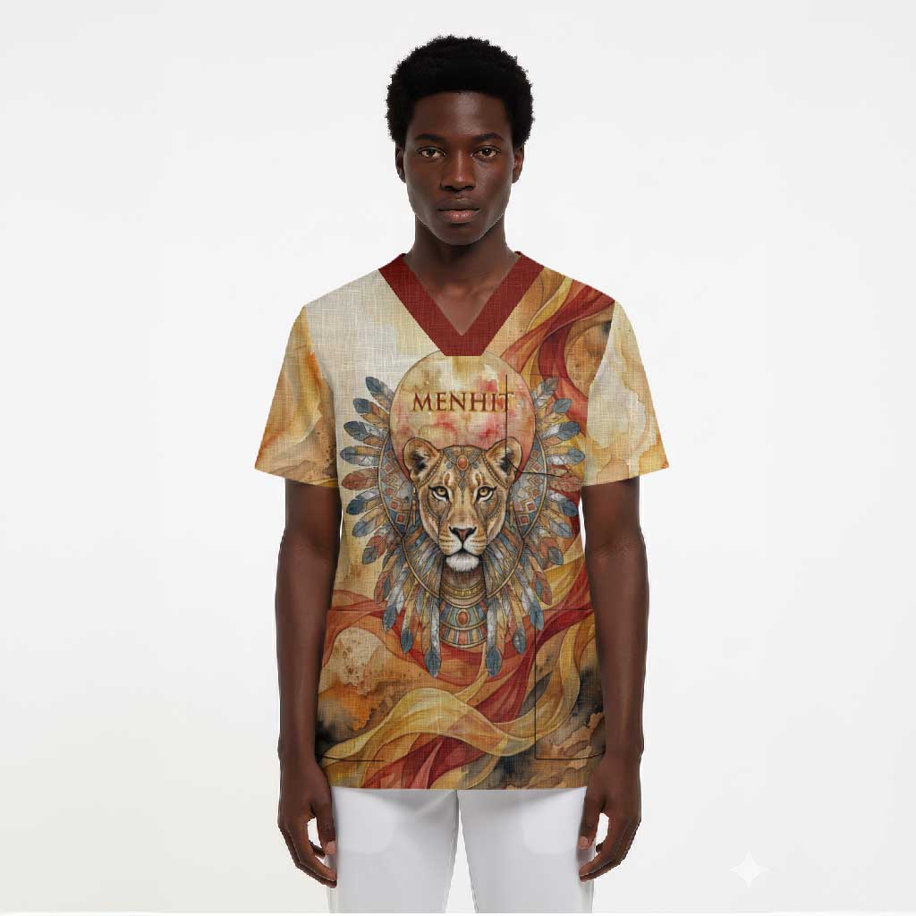 Menhit Scrub Top Lioness Warrior Goddess Uraeus Serpent Fire and Feathers Ancient Egyptian