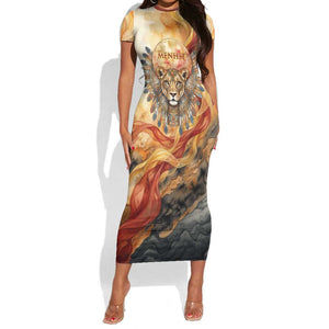 Menhit Short Sleeve Bodycon Dress Lioness Warrior Goddess Uraeus Serpent Fire and Feathers Ancient Egyptian