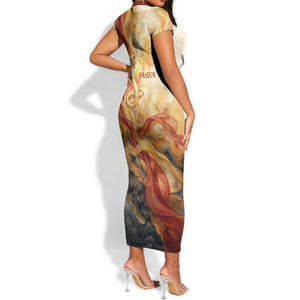 Menhit Short Sleeve Bodycon Dress Lioness Warrior Goddess Uraeus Serpent Fire and Feathers Ancient Egyptian