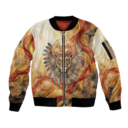 Menhit Sleeve Zip Bomber Jacket Lioness Warrior Goddess Uraeus Serpent Fire and Feathers Ancient Egyptian