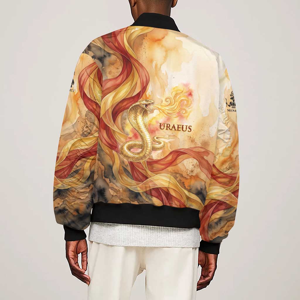 Menhit Sleeve Zip Bomber Jacket Lioness Warrior Goddess Uraeus Serpent Fire and Feathers Ancient Egyptian