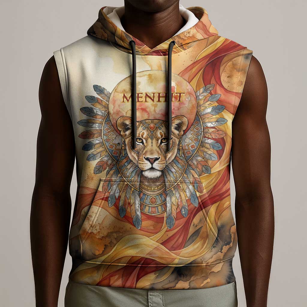 Menhit Sleeveless Hoodie Lioness Warrior Goddess Uraeus Serpent Fire and Feathers Ancient Egyptian