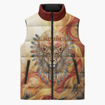 Menhit Sleeveless Puffer Jacket Lioness Warrior Goddess Uraeus Serpent Fire and Feathers Ancient Egyptian