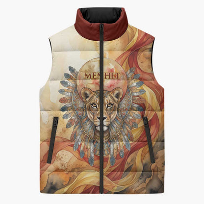 Menhit Sleeveless Puffer Jacket Lioness Warrior Goddess Uraeus Serpent Fire and Feathers Ancient Egyptian