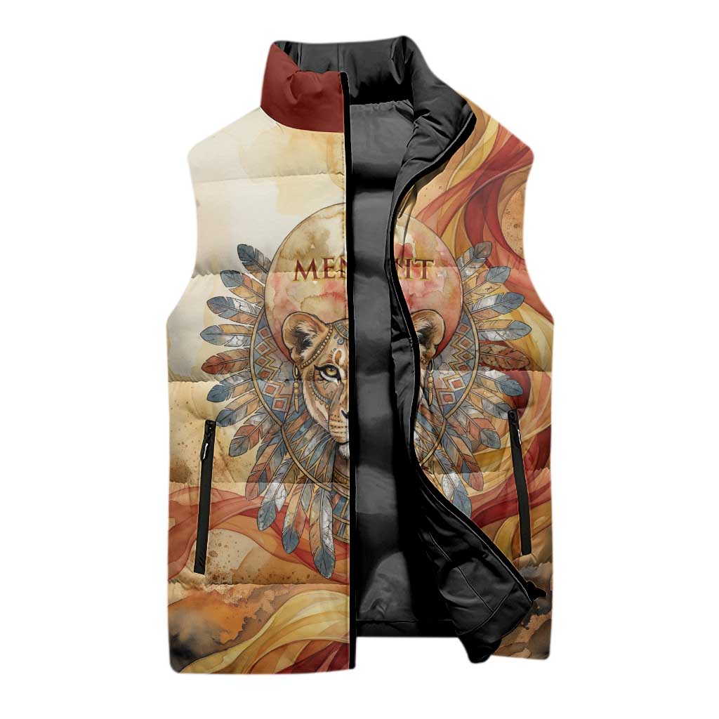 Menhit Sleeveless Puffer Jacket Lioness Warrior Goddess Uraeus Serpent Fire and Feathers Ancient Egyptian
