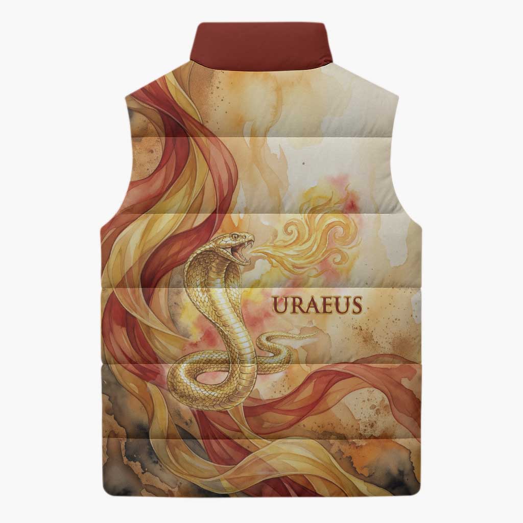 Menhit Sleeveless Puffer Jacket Lioness Warrior Goddess Uraeus Serpent Fire and Feathers Ancient Egyptian