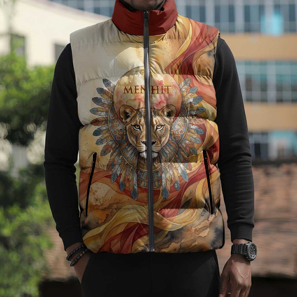 Menhit Sleeveless Puffer Jacket Lioness Warrior Goddess Uraeus Serpent Fire and Feathers Ancient Egyptian