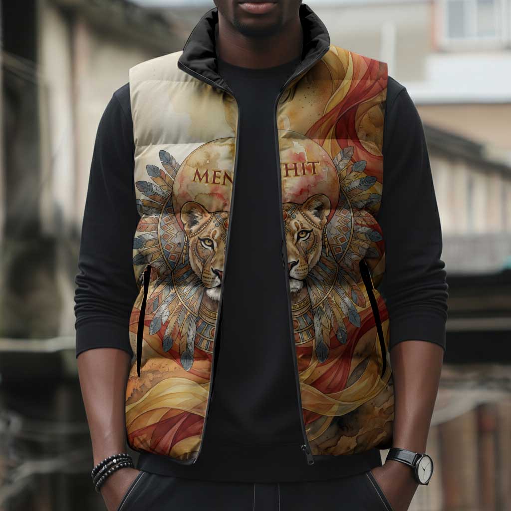 Menhit Sleeveless Puffer Jacket Lioness Warrior Goddess Uraeus Serpent Fire and Feathers Ancient Egyptian
