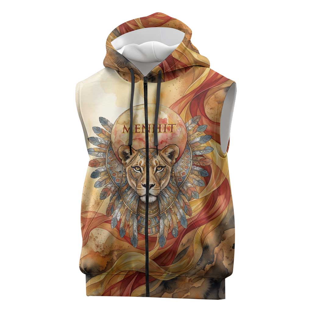 Menhit Sleeveless Zip Hoodie Lioness Warrior Goddess Uraeus Serpent Fire and Feathers Ancient Egyptian