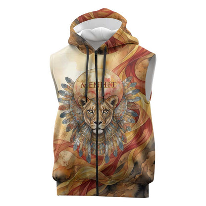 Menhit Sleeveless Zip Hoodie Lioness Warrior Goddess Uraeus Serpent Fire and Feathers Ancient Egyptian