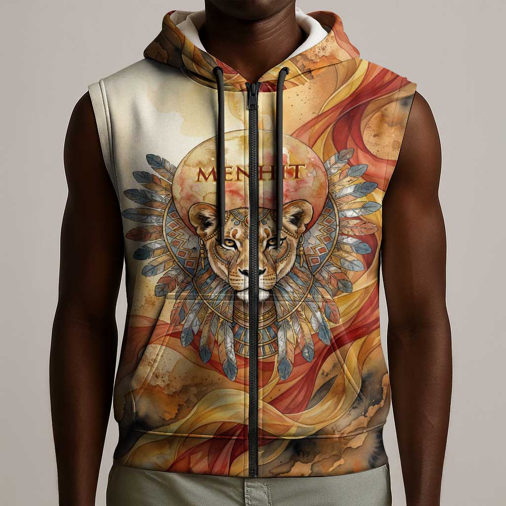 Menhit Sleeveless Zip Hoodie Lioness Warrior Goddess Uraeus Serpent Fire and Feathers Ancient Egyptian