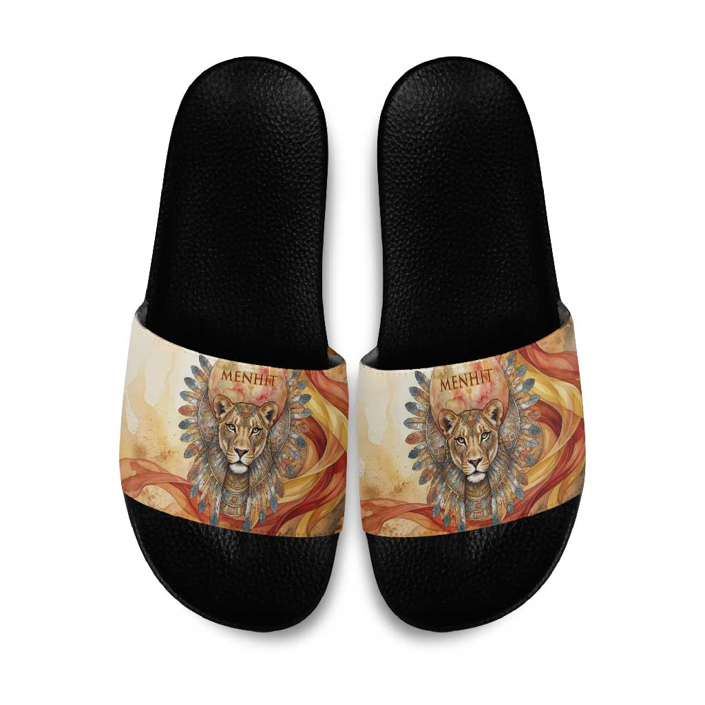 Menhit Slide Sandals Lioness Warrior Goddess Uraeus Serpent Fire and Feathers Ancient Egyptian