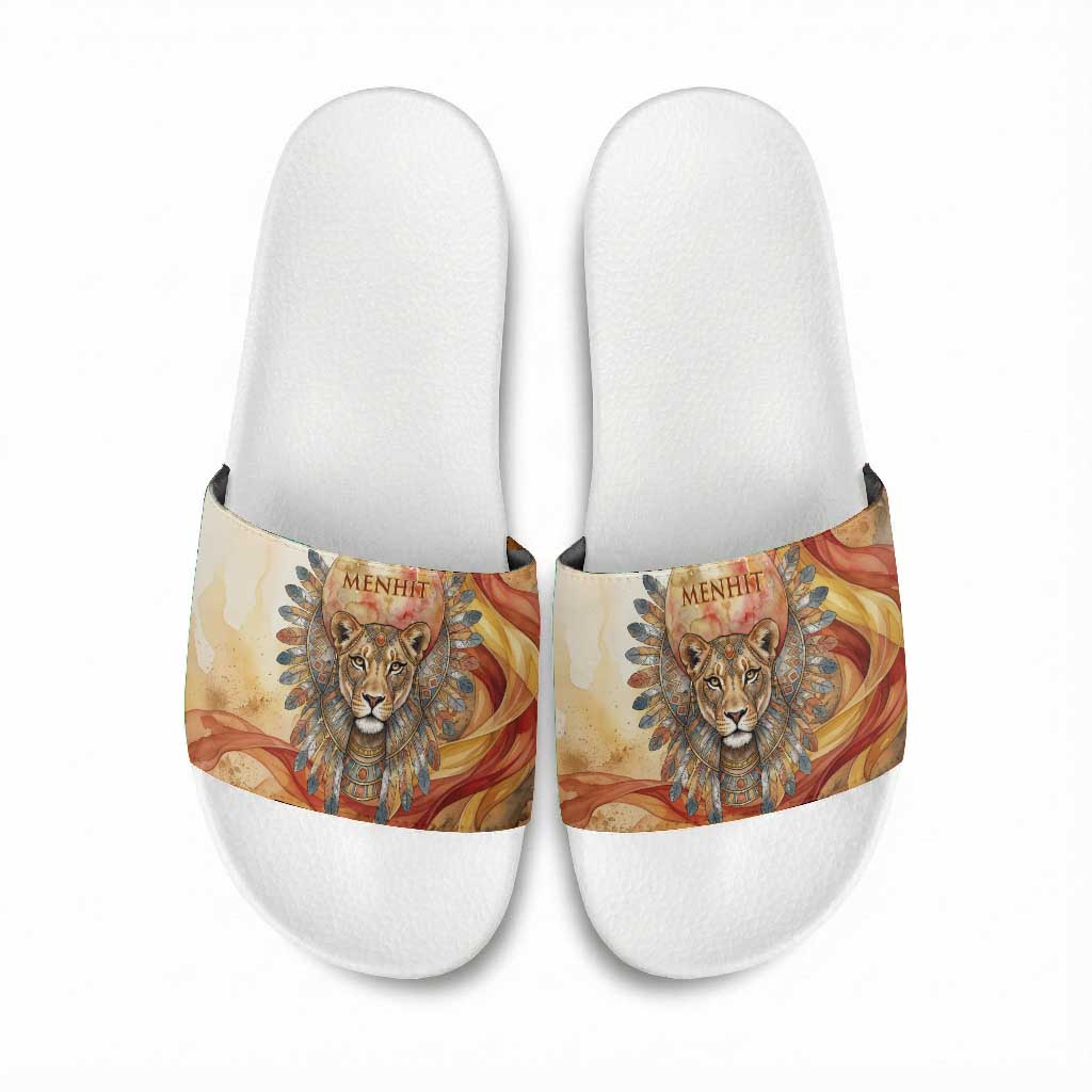 Menhit Slide Sandals Lioness Warrior Goddess Uraeus Serpent Fire and Feathers Ancient Egyptian