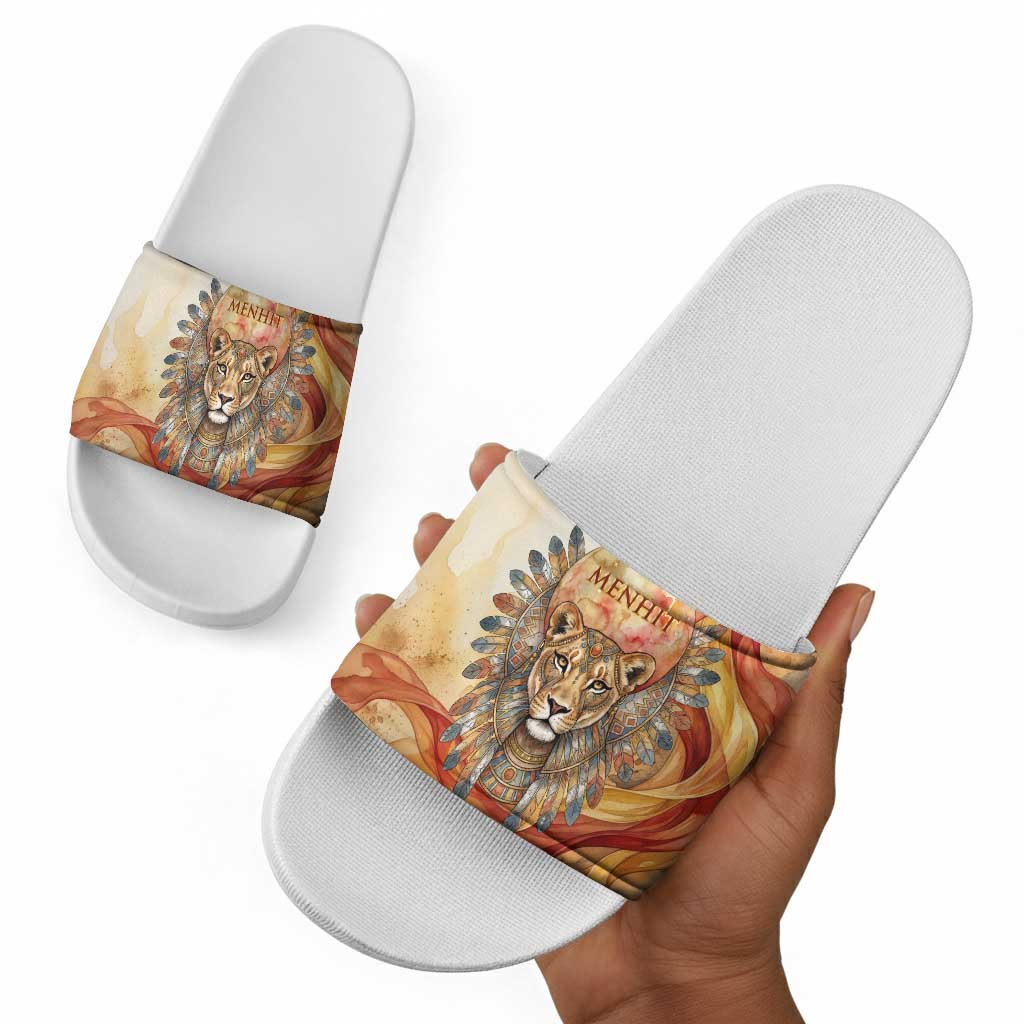 Menhit Slide Sandals Lioness Warrior Goddess Uraeus Serpent Fire and Feathers Ancient Egyptian