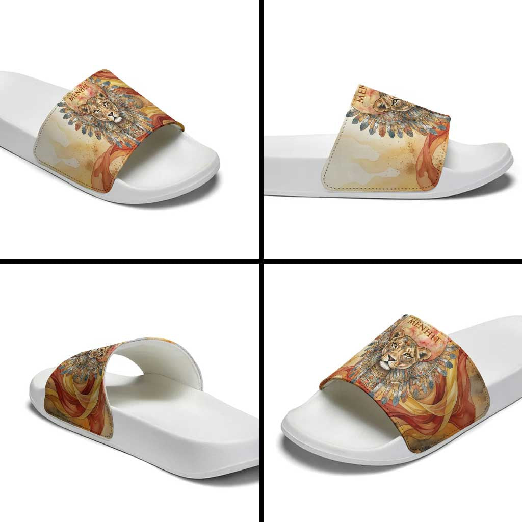 Menhit Slide Sandals Lioness Warrior Goddess Uraeus Serpent Fire and Feathers Ancient Egyptian