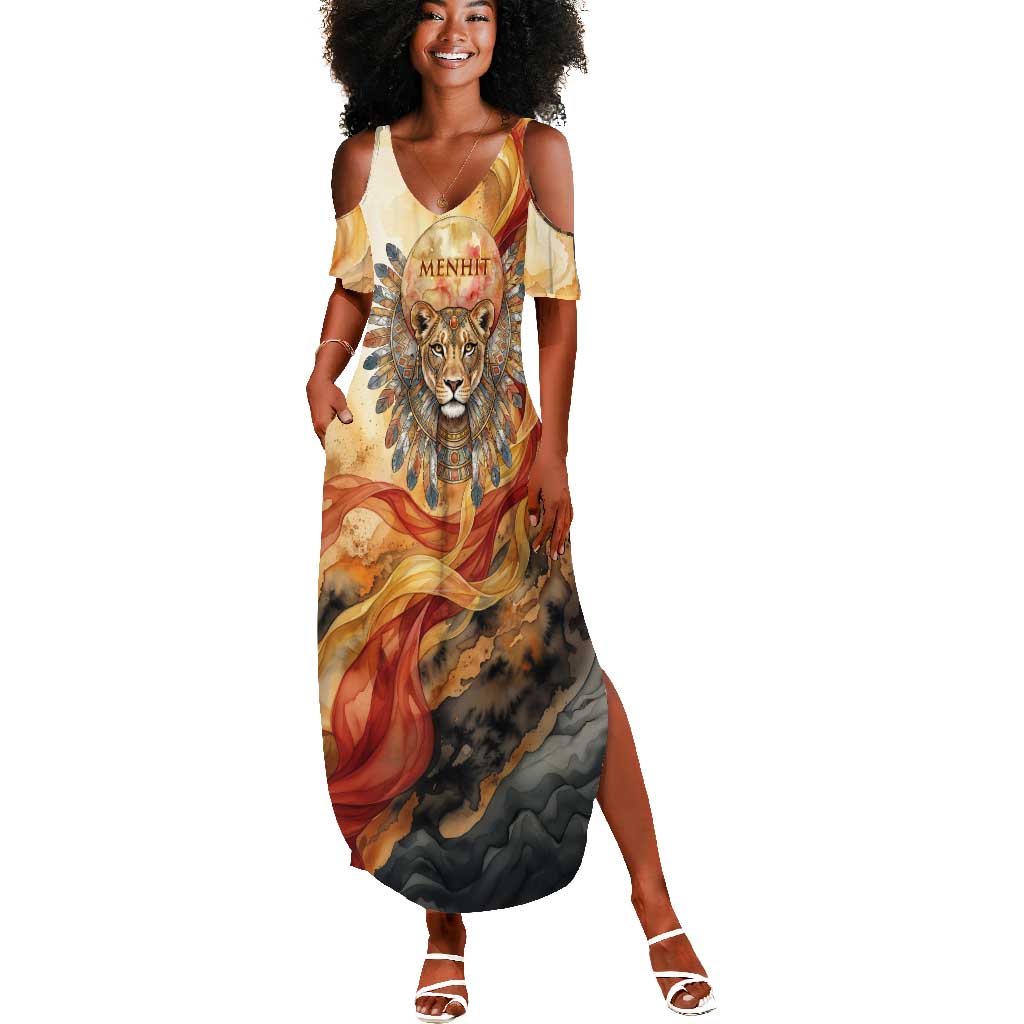 Menhit Summer Maxi Dress Lioness Warrior Goddess Uraeus Serpent Fire and Feathers Ancient Egyptian