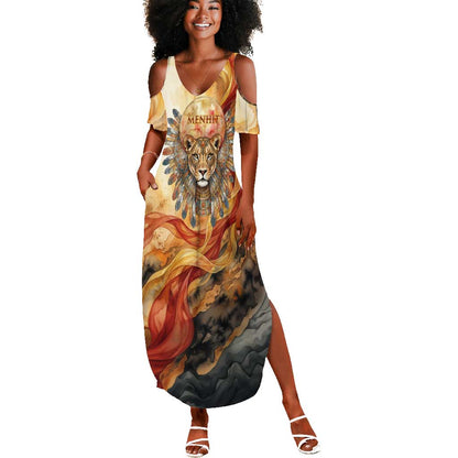 Menhit Summer Maxi Dress Lioness Warrior Goddess Uraeus Serpent Fire and Feathers Ancient Egyptian